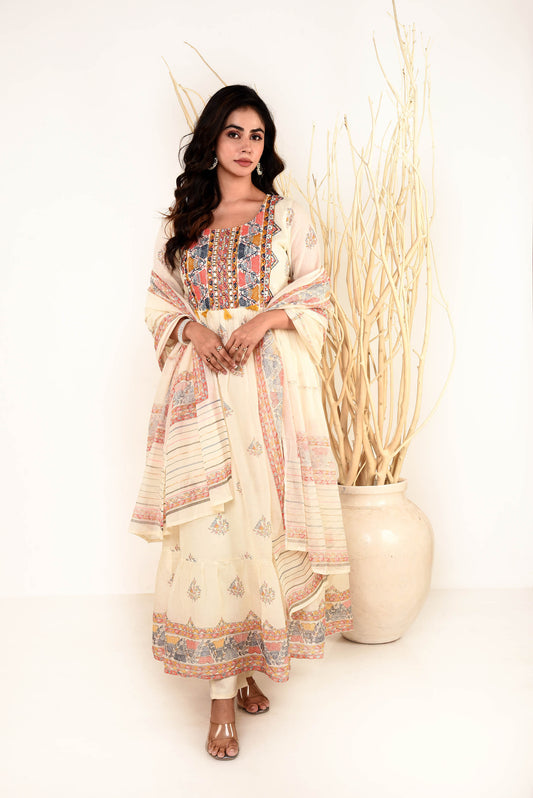 Off White Mul Mul Cotton Embroidered kurta with Straight Pants