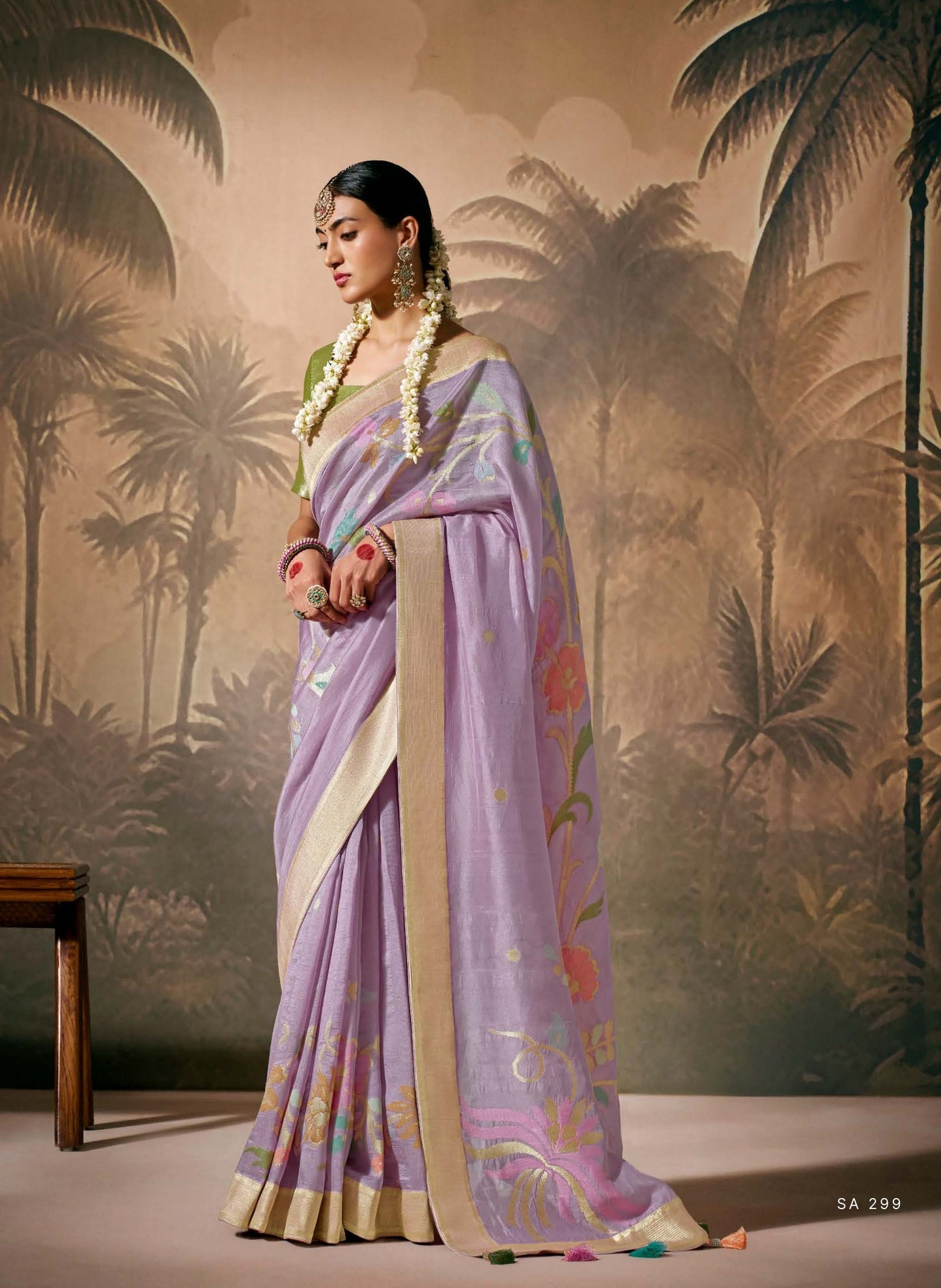 Lavender Munga Silk Zari Work & Resham Embroidery Rasm Saree