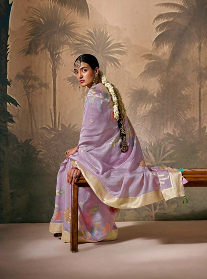 Lavender Munga Silk Zari Work & Resham Embroidery Rasm Saree