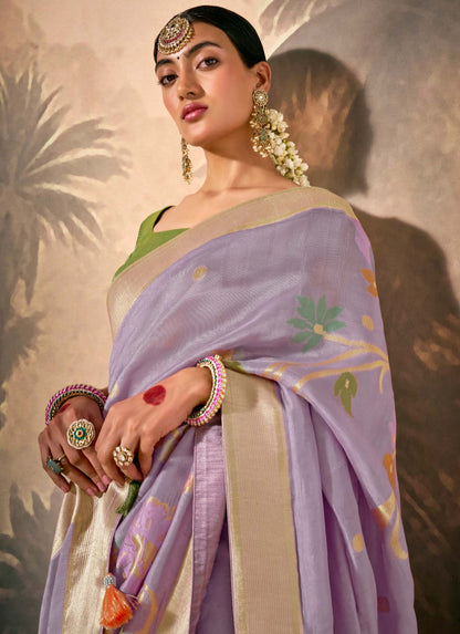 Lavender Munga Silk Zari Work & Resham Embroidery Rasm Saree