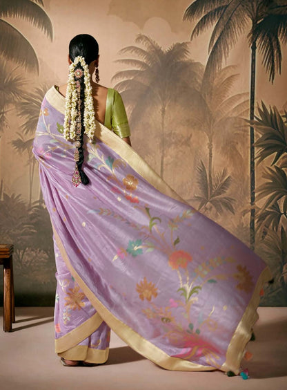Lavender Munga Silk Zari Work & Resham Embroidery Rasm Saree