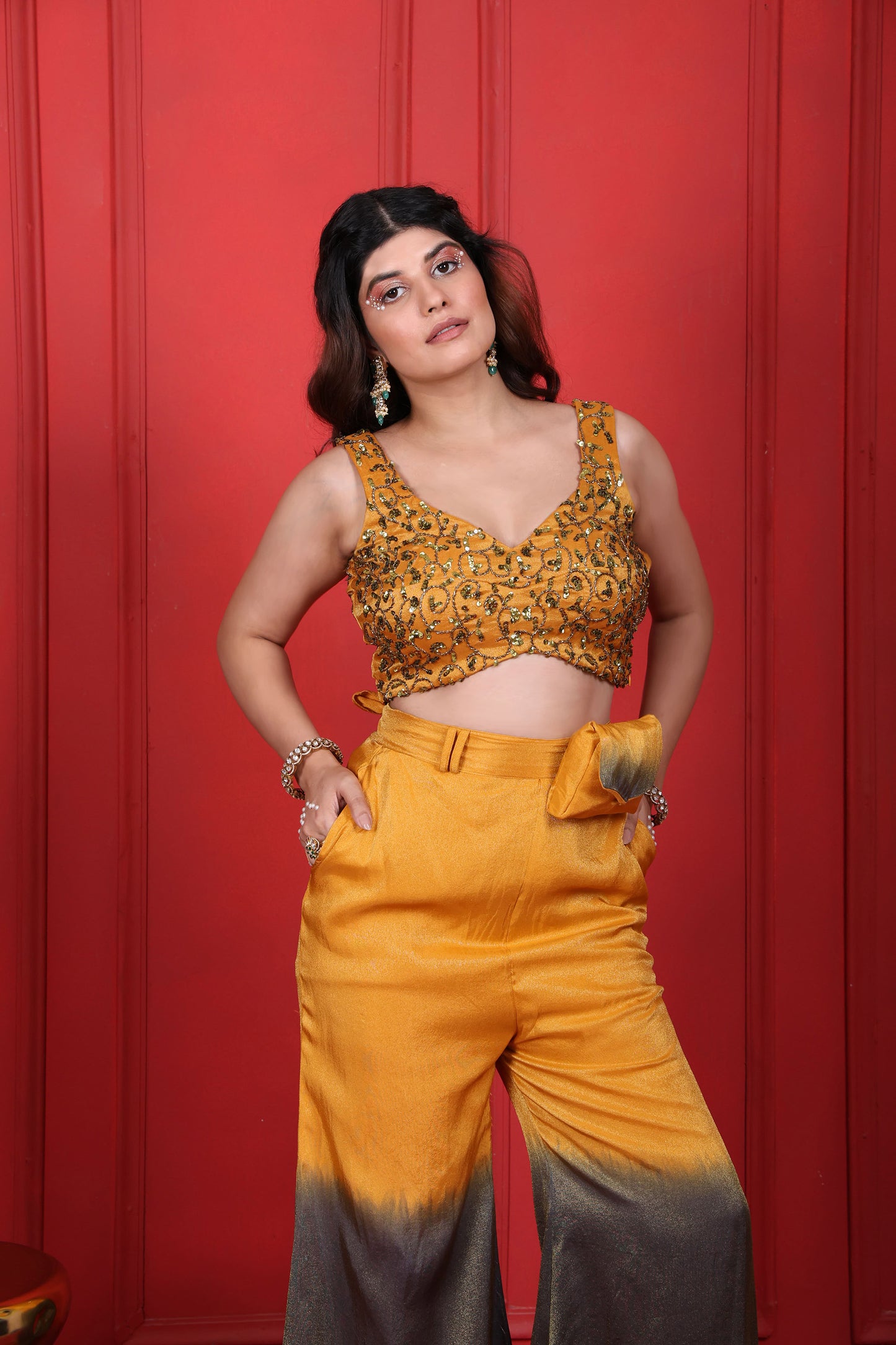 Goldenrod & Judge Grey Hand Embroidered Choli With Ombre Flared Pants & Bum Bag