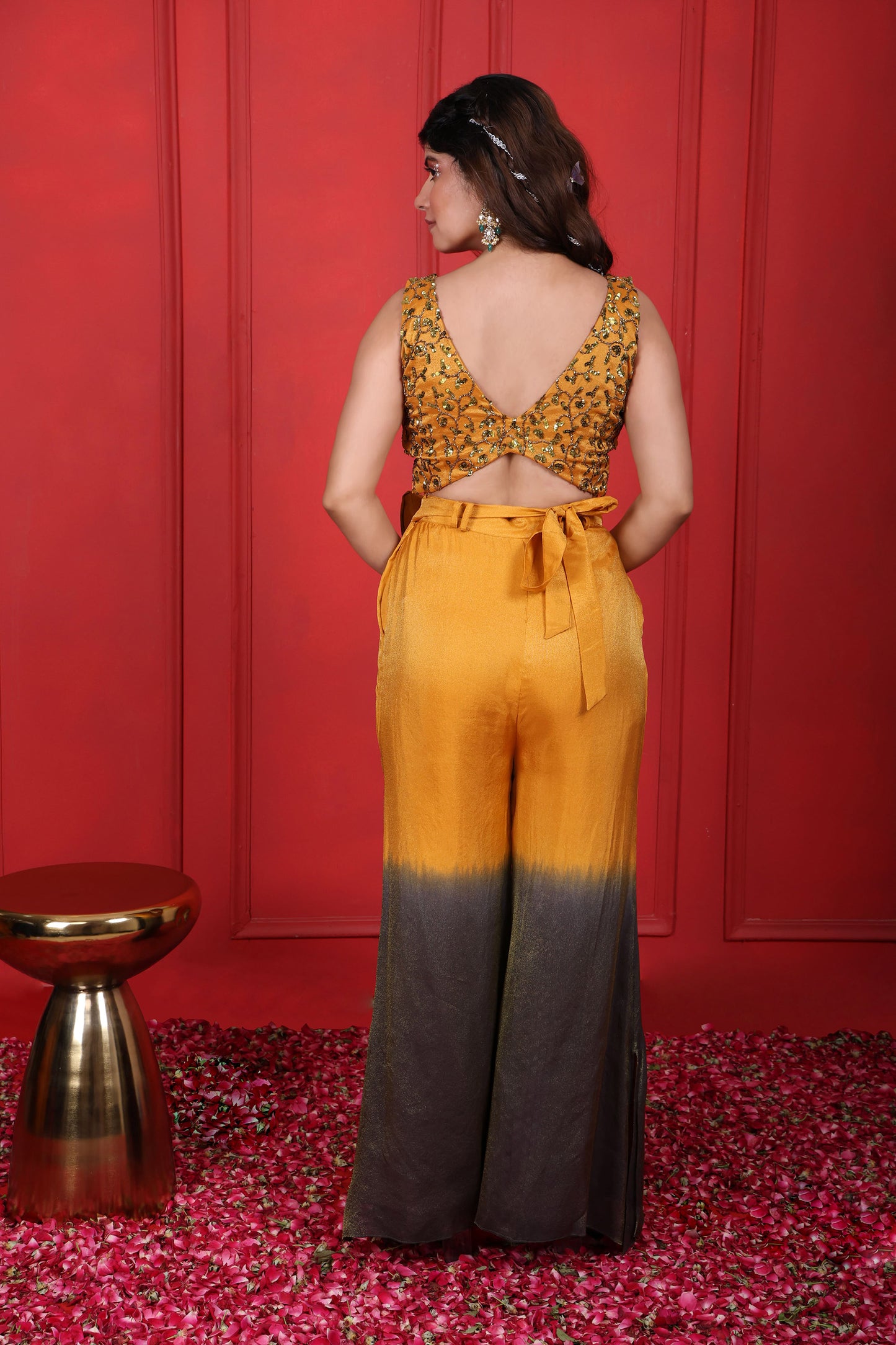 Goldenrod & Judge Grey Hand Embroidered Choli With Ombre Flared Pants & Bum Bag