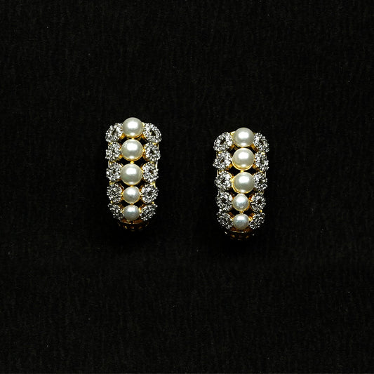 Zevar Club 22K Gold-Plated Handcrafted Cubic Zirconia & Pearl Studded Huggie Hoop Earrings