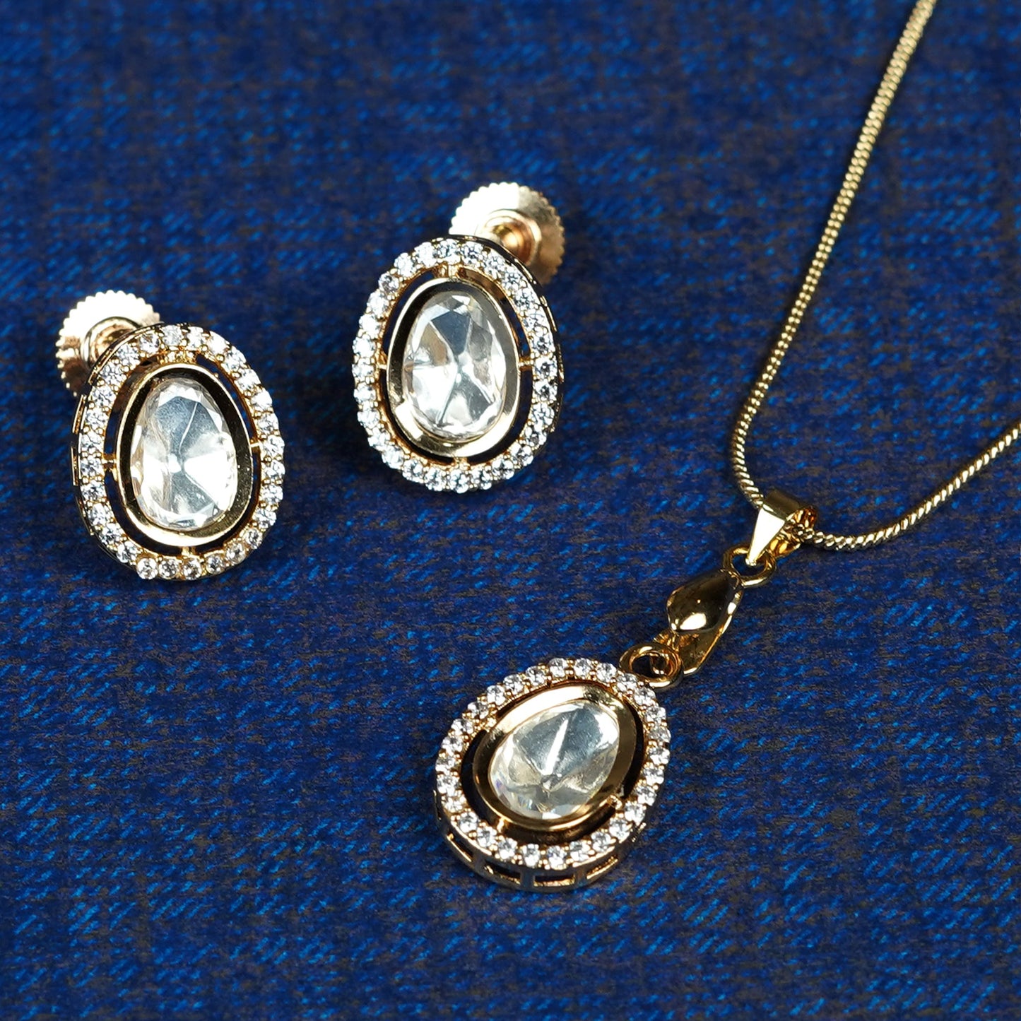 Zevar Club 22K Gold-Plated Oval-Shaped Cubic Zirconia Studded Pendant Necklace Set for Women