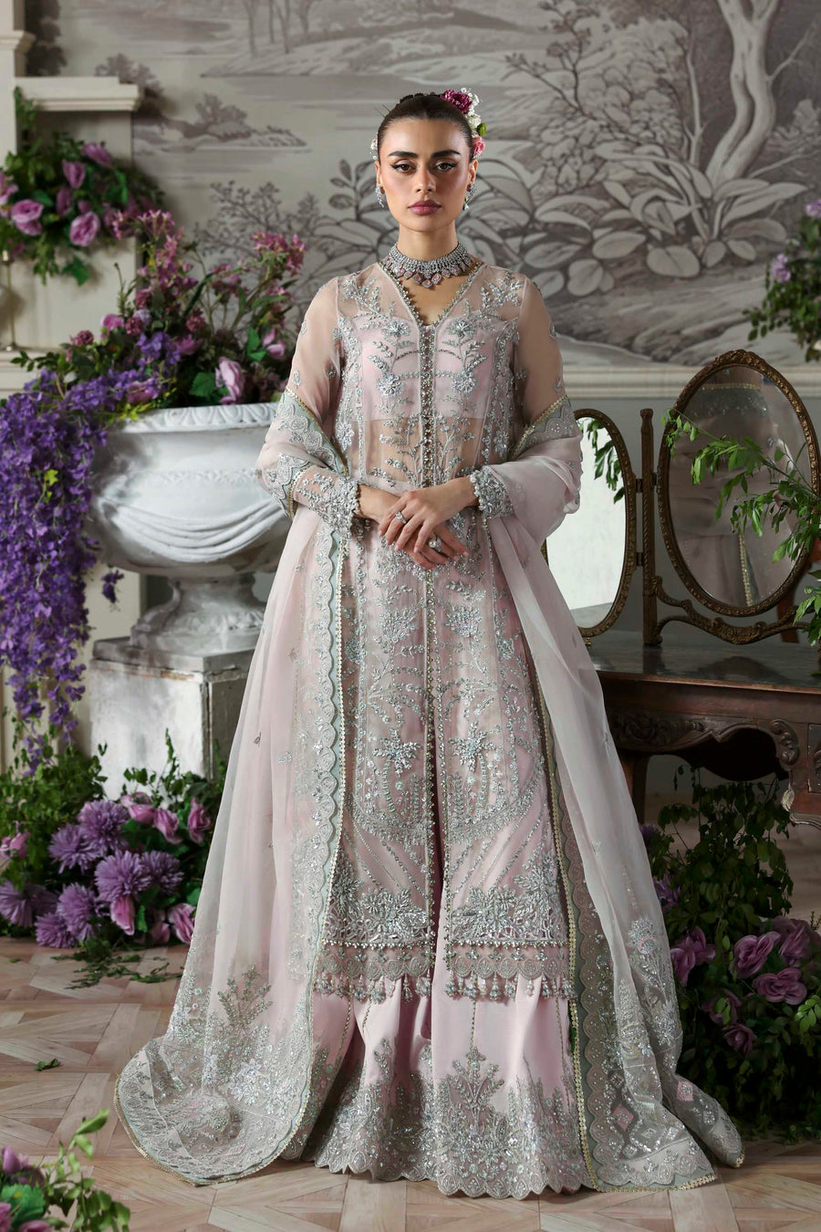 Anvaha- Mauve Blue Organza Heavy Embroidered Lehenga