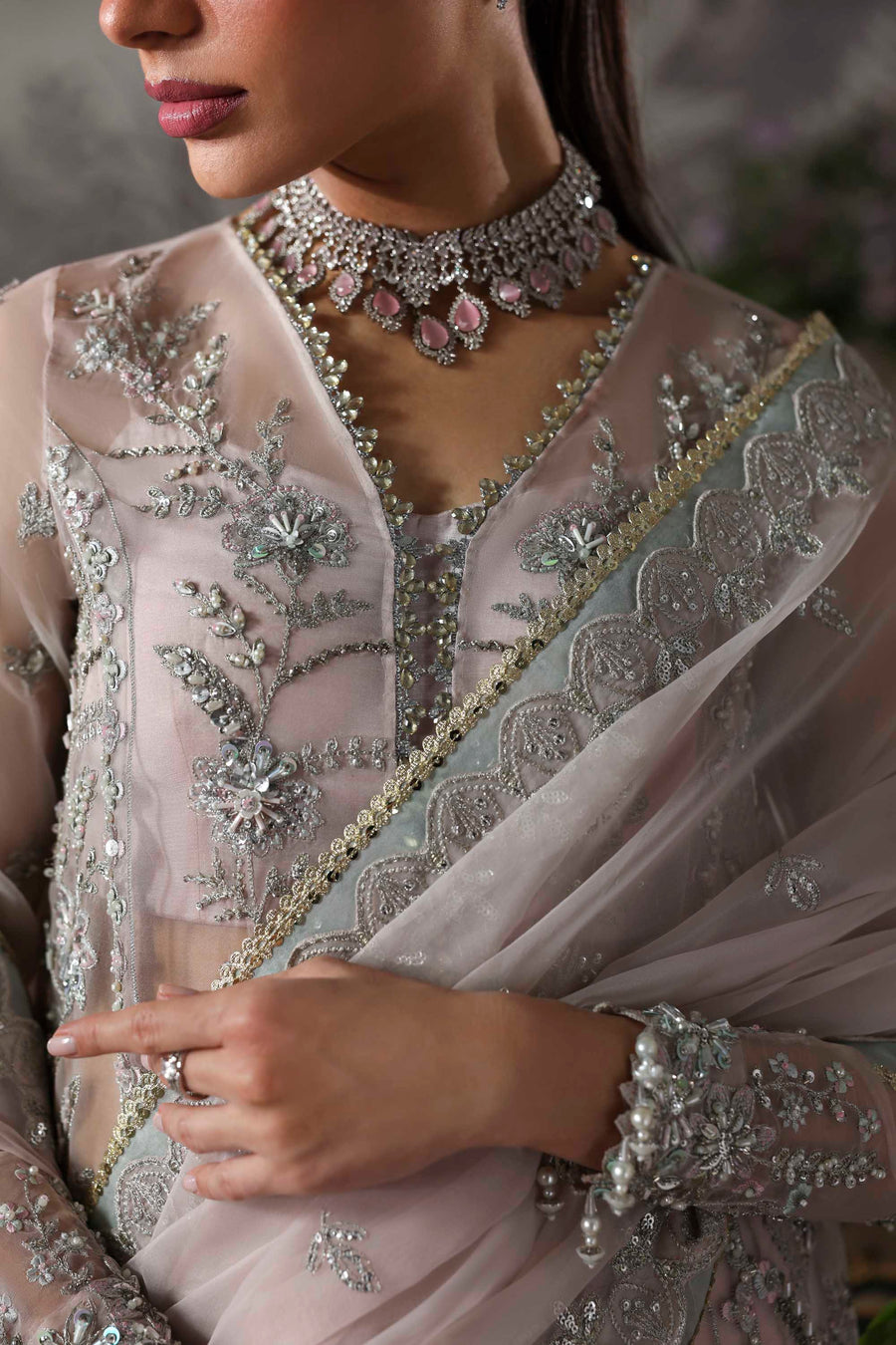 Anvaha- Mauve Blue Organza Heavy Embroidered Lehenga