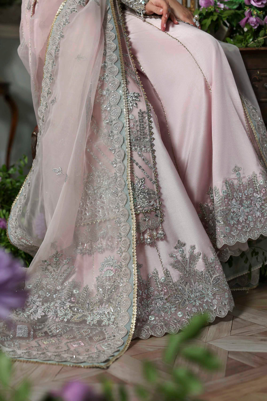 Anvaha- Mauve Blue Organza Heavy Embroidered Lehenga