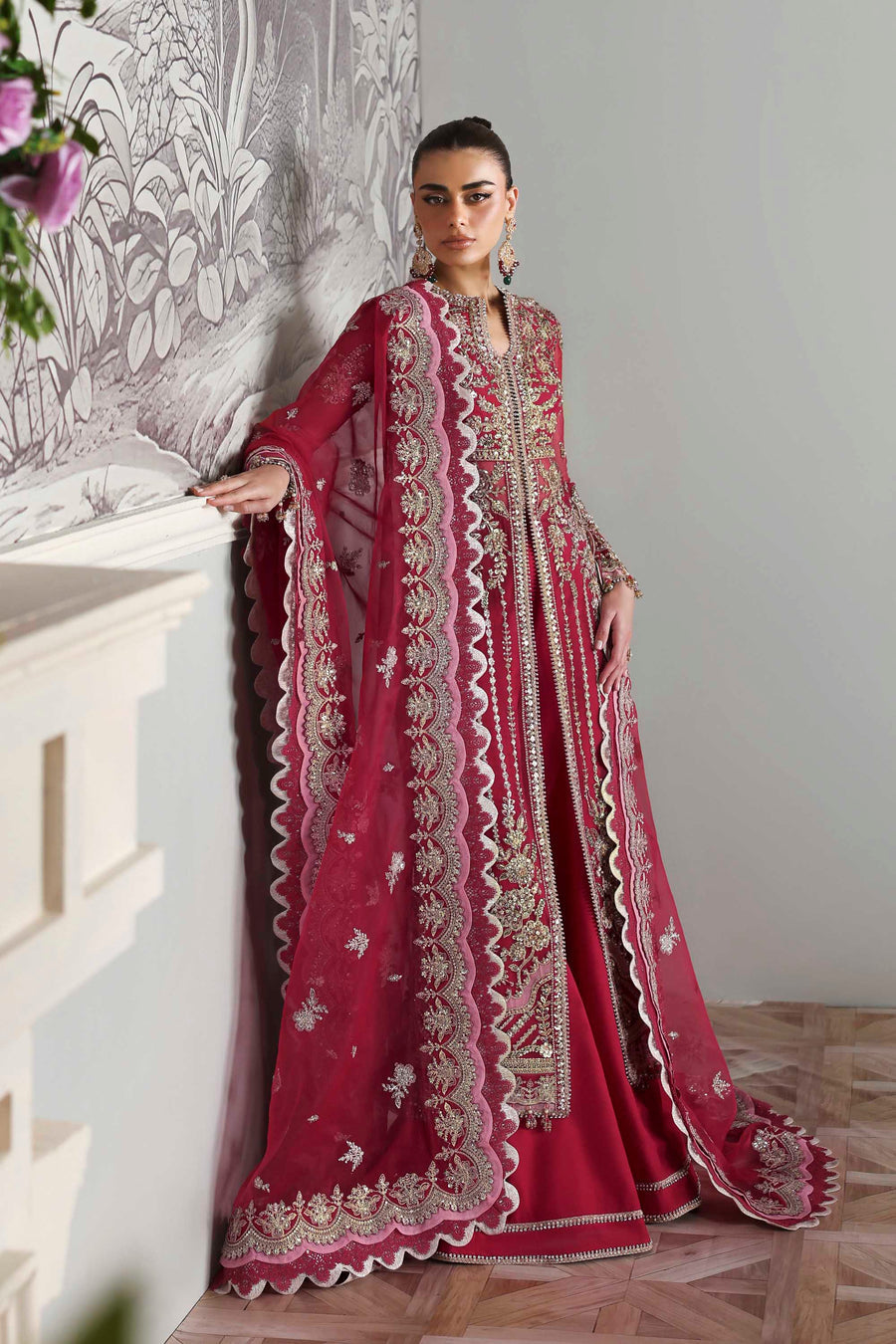 Yeloria - Maroon Organza Heavy Embroidered Dress