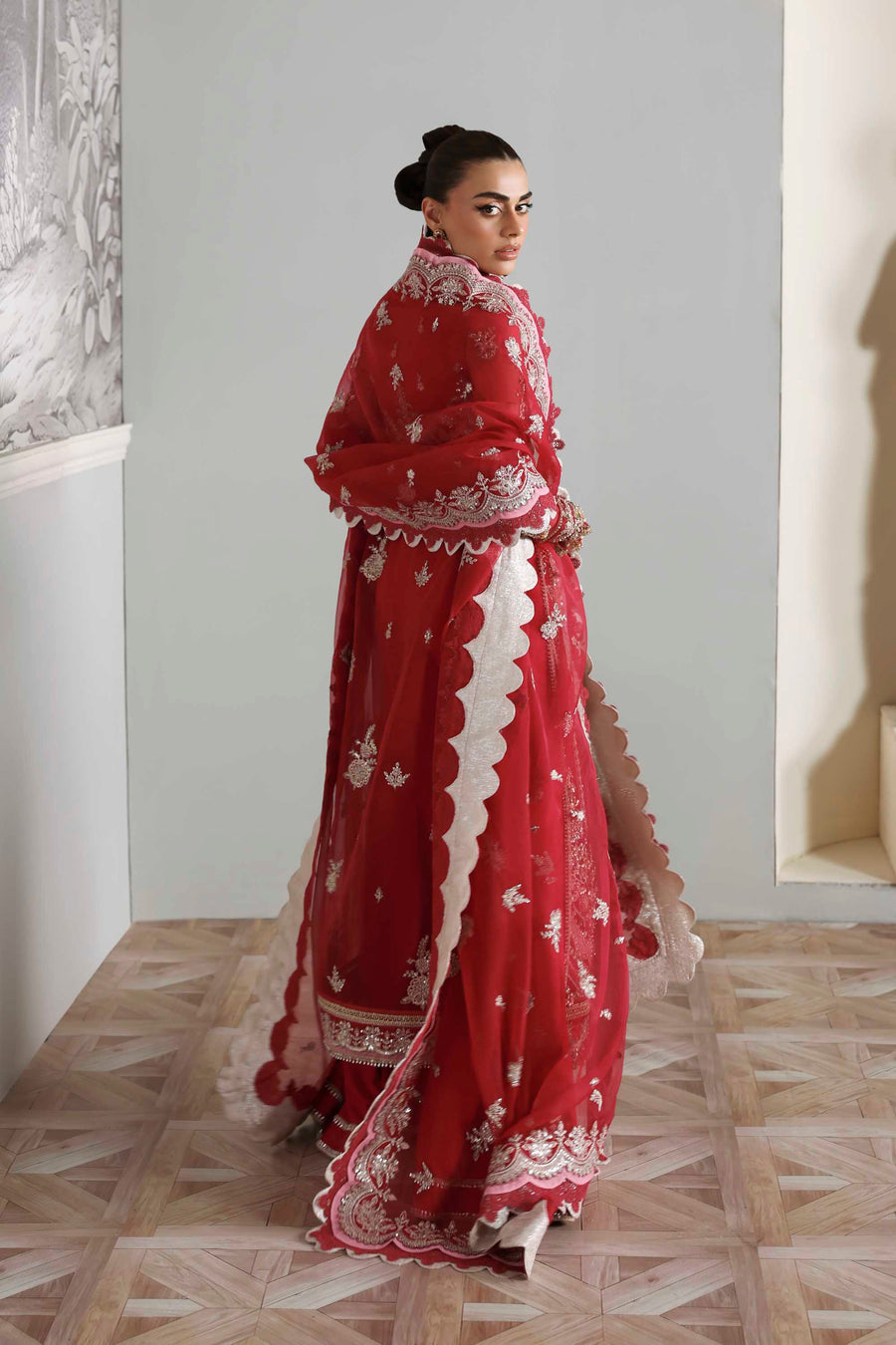 Yeloria - Maroon Organza Heavy Embroidered Dress