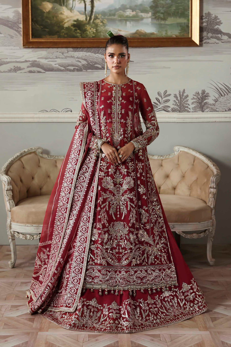 Majeste - Maroon Organza Heavy Embroidered Bridal Anarkali