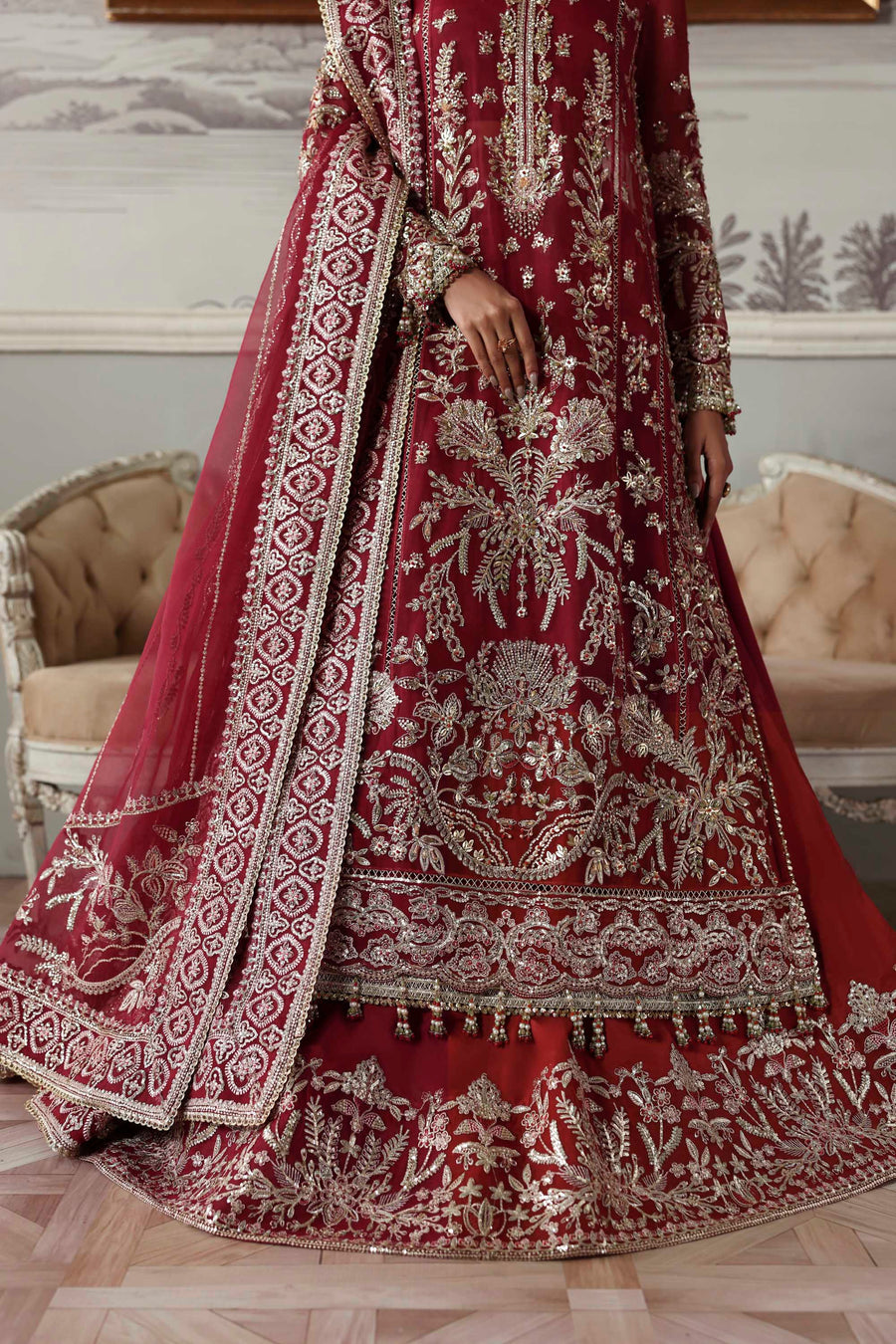 Majeste - Maroon Organza Heavy Embroidered Bridal Anarkali