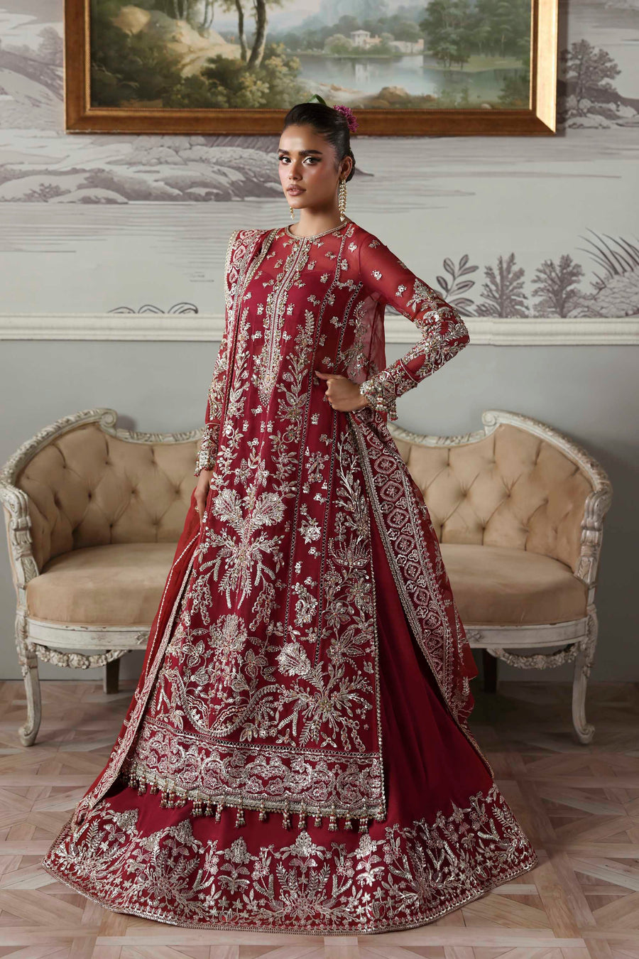 Majeste - Maroon Organza Heavy Embroidered Bridal Anarkali