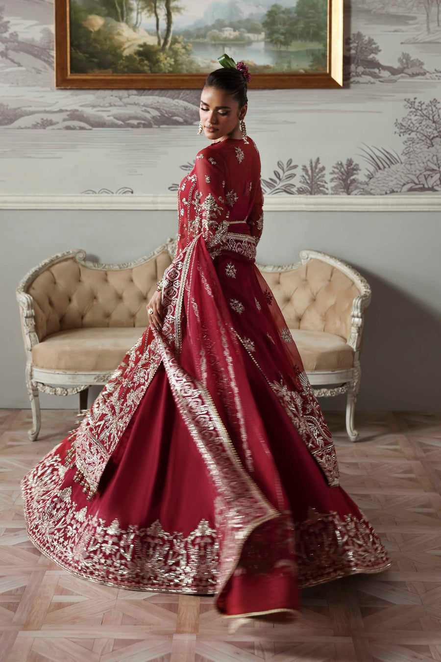 Majeste - Maroon Organza Heavy Embroidered Bridal Anarkali