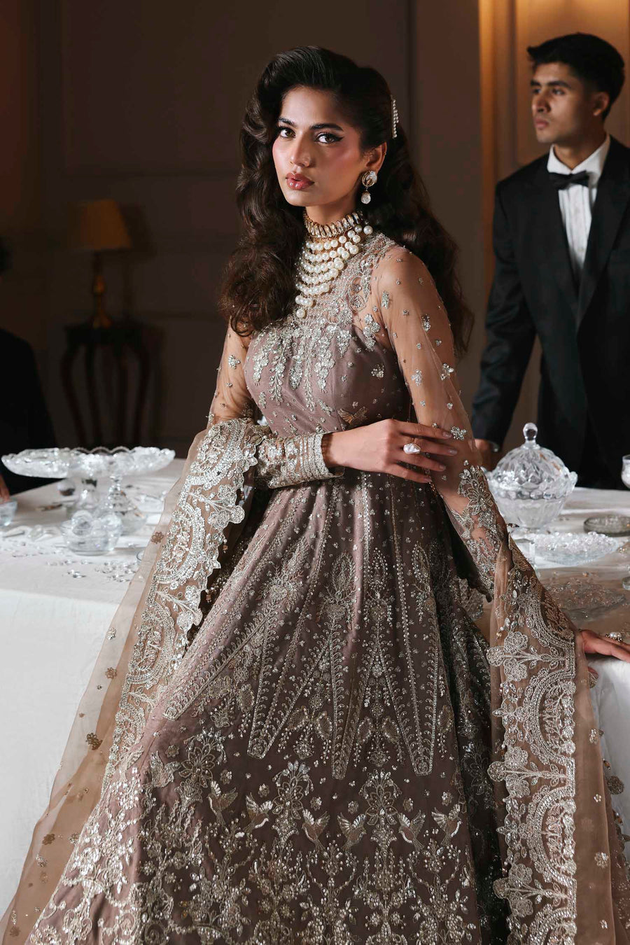 Noorzaib - Mauve Net Heavy Embroidered Wedding Anarkali