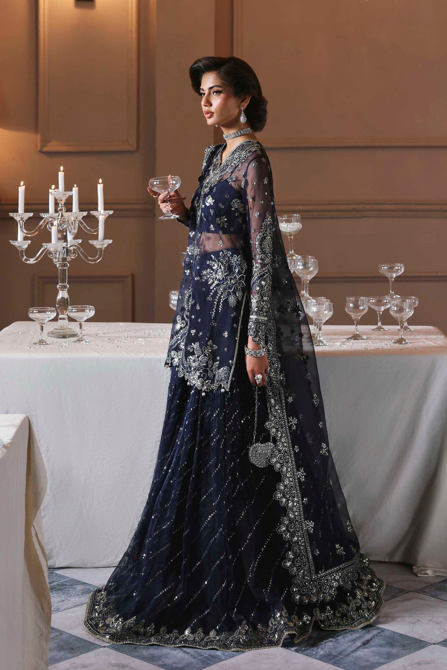 Zarpari - Navy Blue Organza Heavy Sequins Embroidered Engagement Lehenga