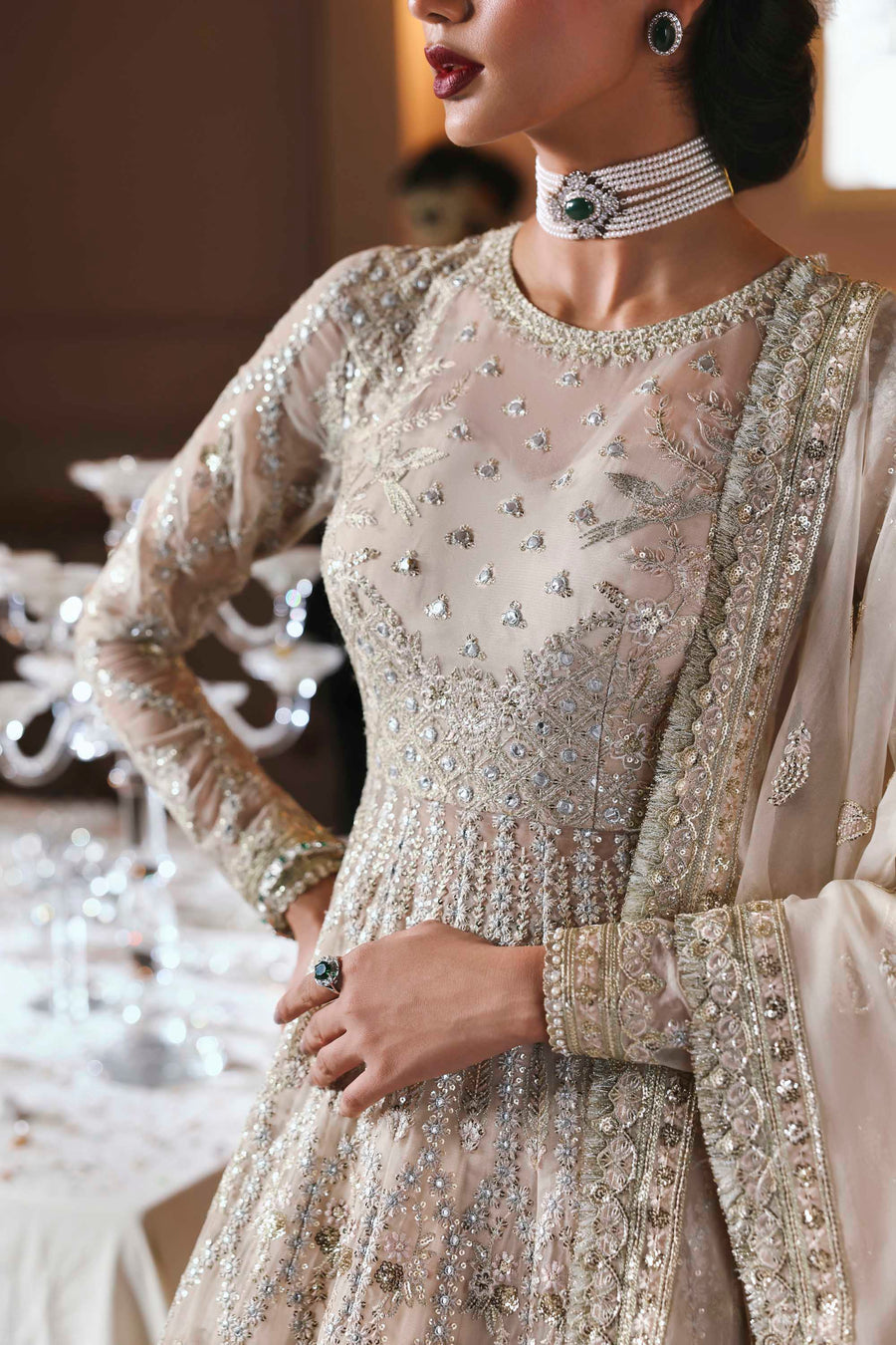 Gulnisa - Pastel Pink Organza Heavy Sequins Embroidered Wedding Anarkali