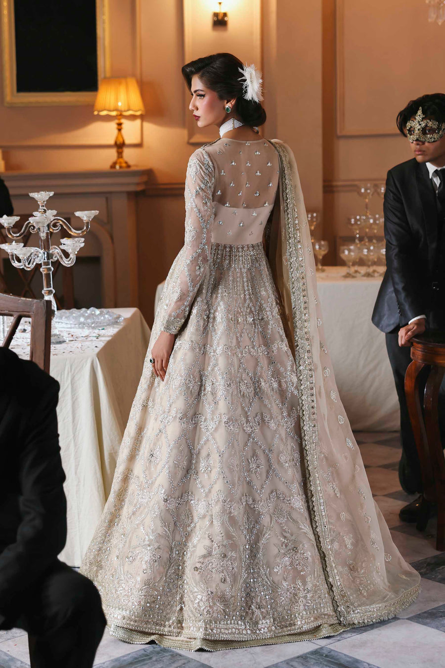 Gulnisa - Pastel Pink Organza Heavy Sequins Embroidered Wedding Anarkali