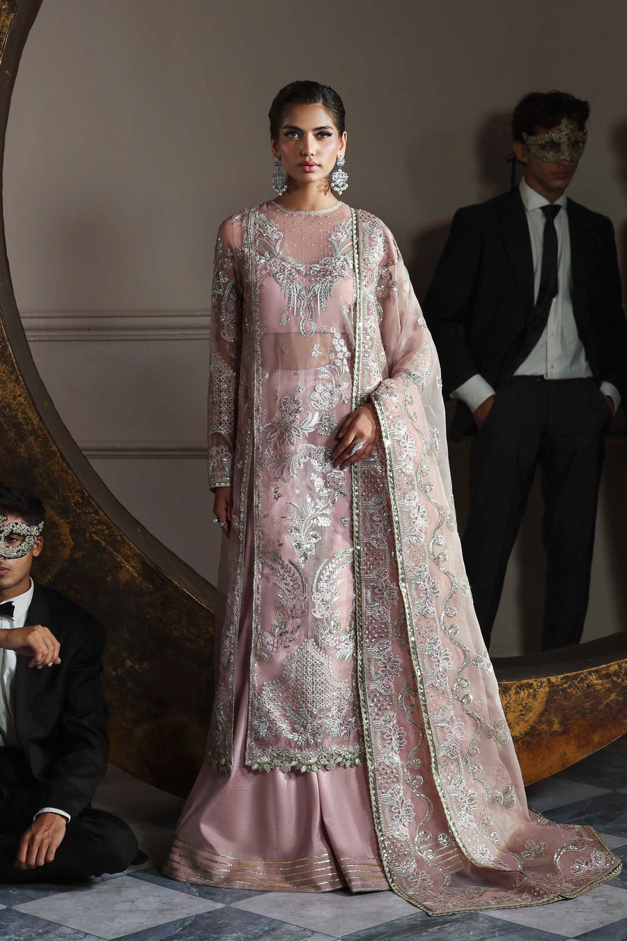 Shahmeena - Light Pink Organza Heavy Sequins Embroidered Wedding Salwar Kameez