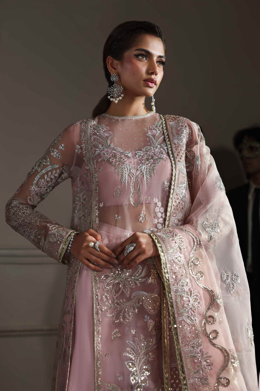 Shahmeena - Light Pink Organza Heavy Sequins Embroidered Wedding Salwar Kameez