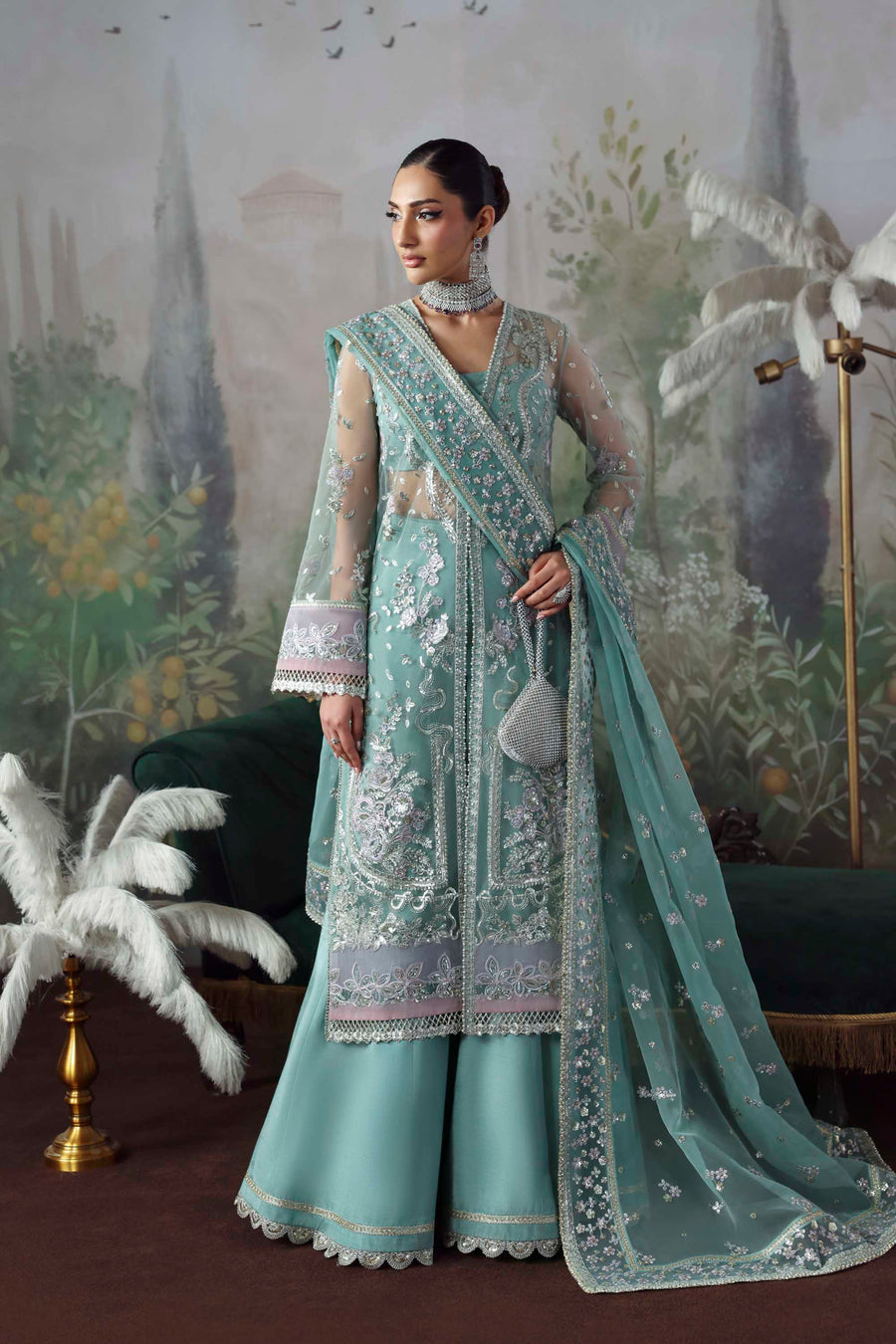 Shahnaz - Green Net Heavy Embroidered Wedding Salwar Kameez