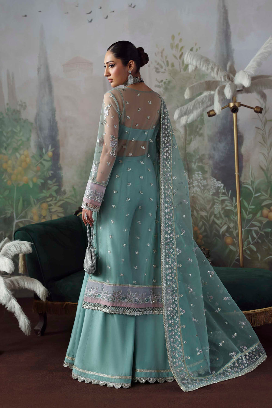 Shahnaz - Green Net Heavy Embroidered Wedding Salwar Kameez