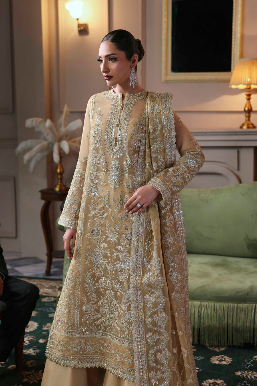 Tajmeen - Beige Organza Heavy Sequins Embroidered Wedding Kurta Set