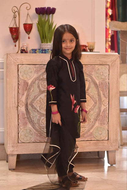 Black Embroided kids Kurta Payjama Set