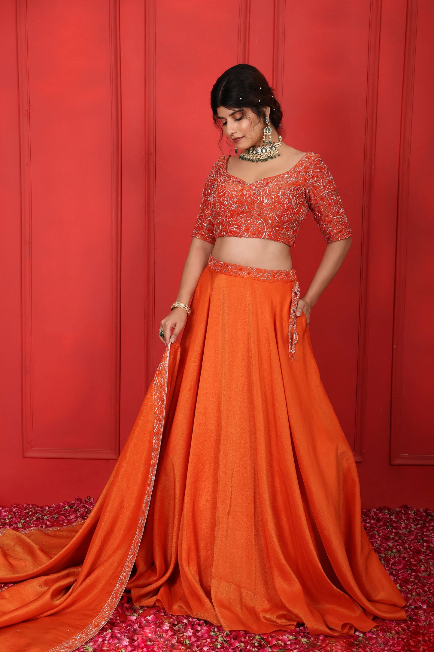 Sweetheart Neckline Lehenga Set With Sleeves