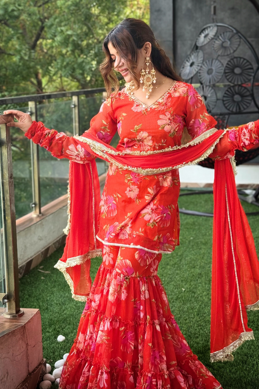 Radhika Orange Chiffon Festive Sharara Set