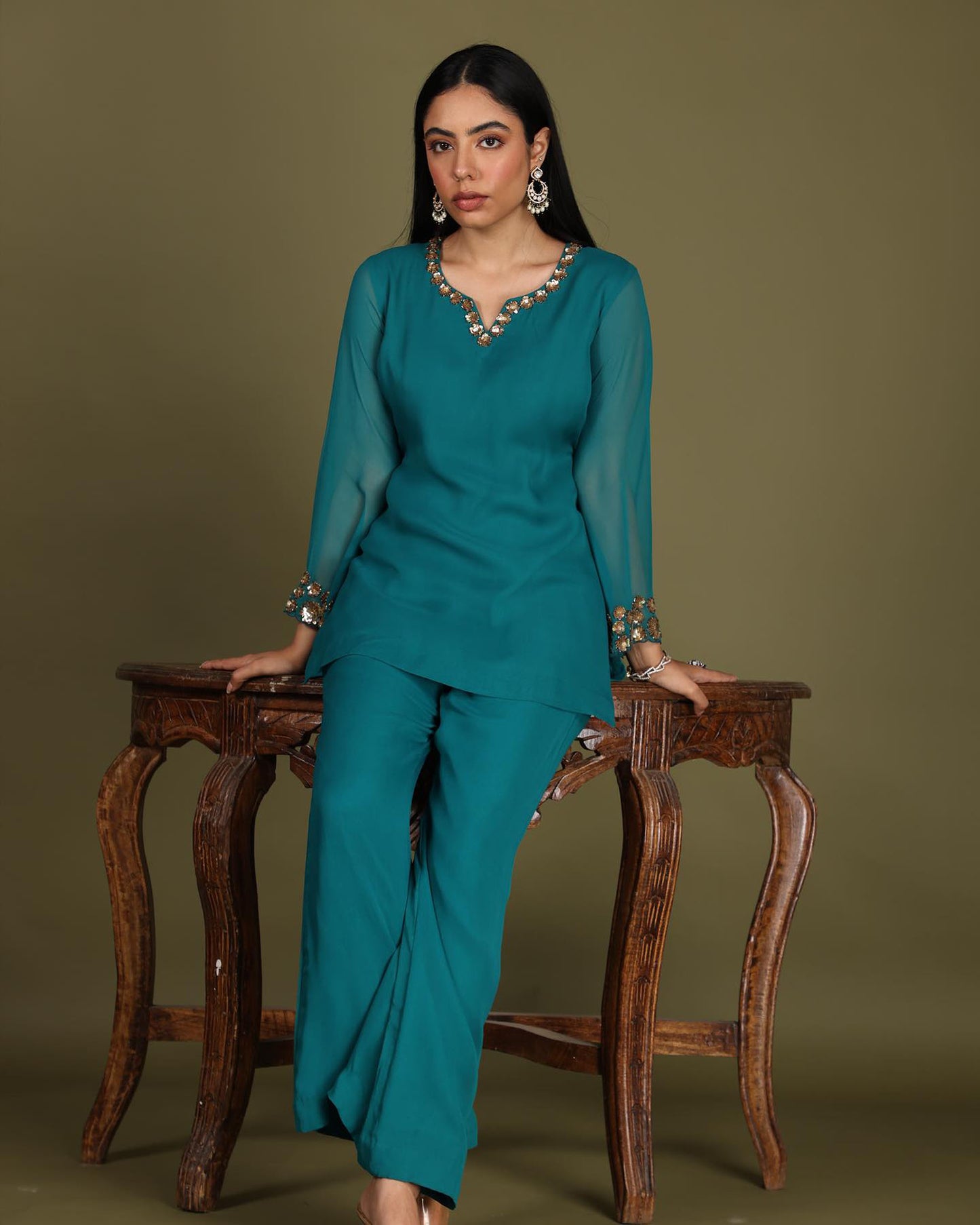 Bottle green Georgette Sequins Embroidered Festive coord set