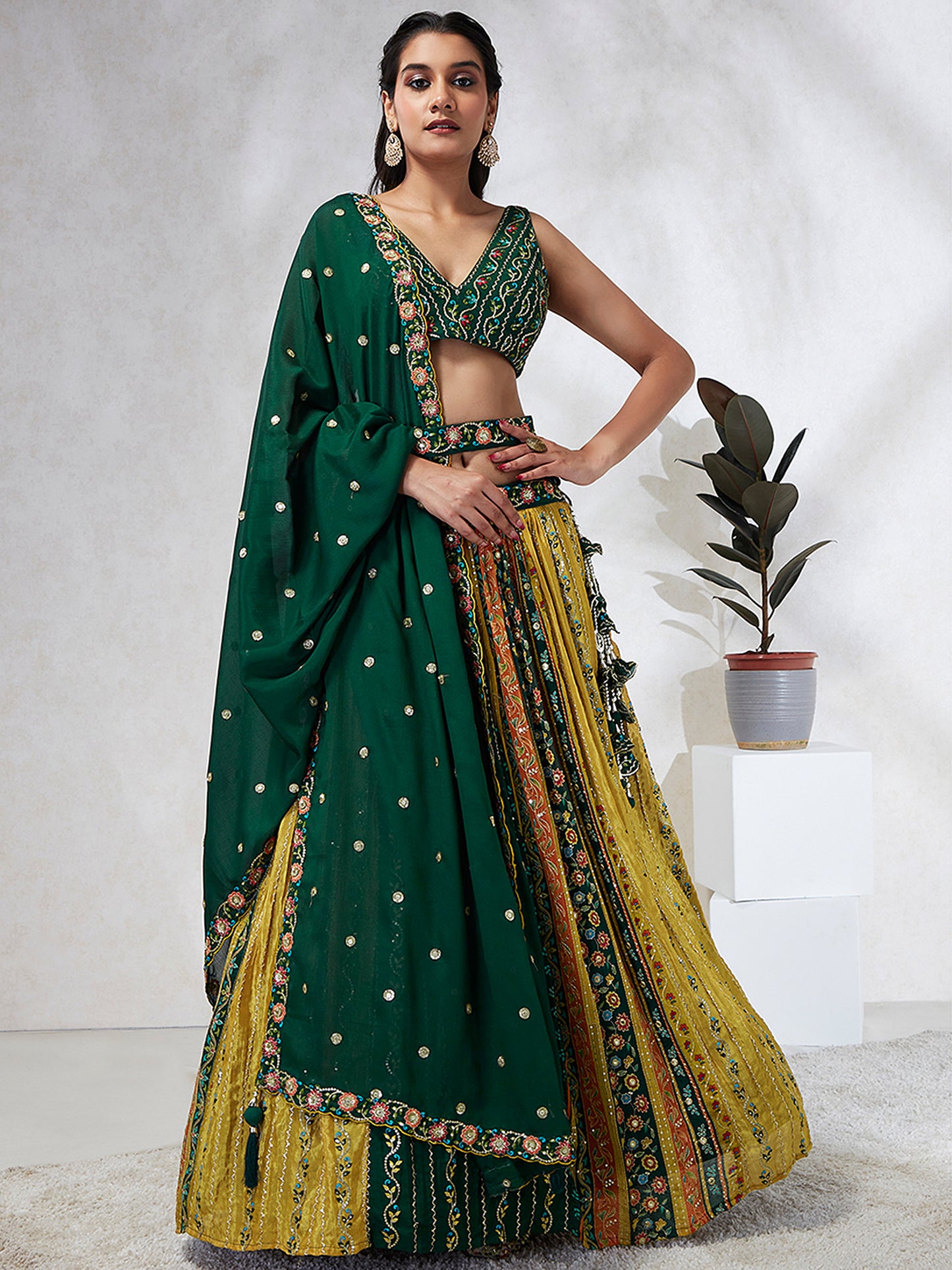 Green Chiffon Position print with Sequins embroidery Lehenga