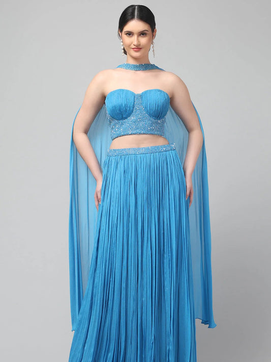 Sky-blue Corset Pure Chinnon Cutdana & Sequence Hand Work Party Wear pleated Skirt & Dupatta
