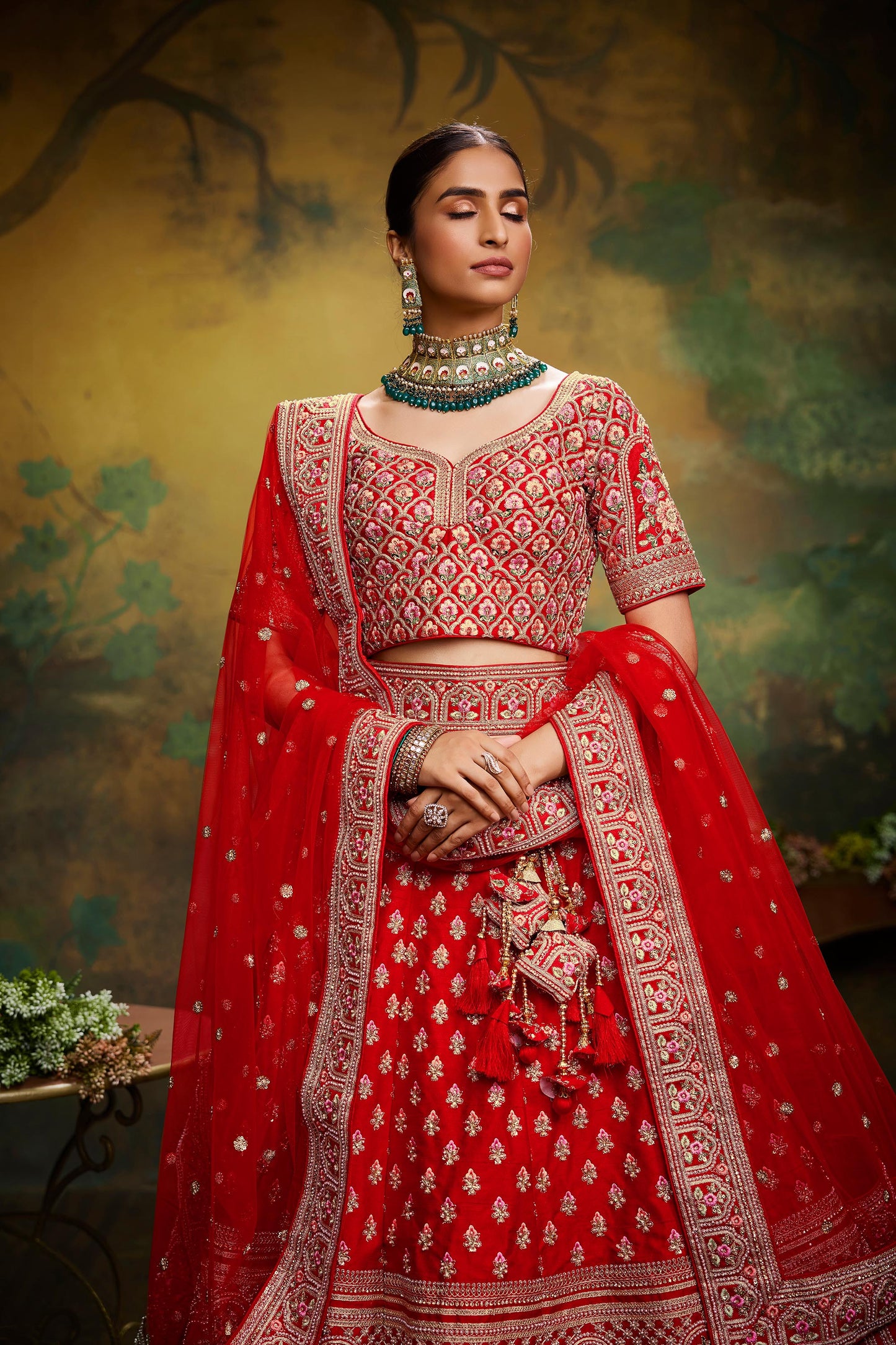 Red Pure Silk Moti & Zarkan heavy embroidery Semi-Stitched Lehenga choli & Dupatta