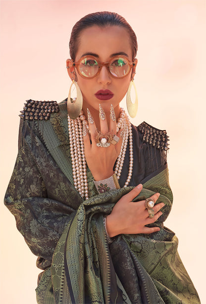 Olive Green Kzainaab Handloom Silk Saree