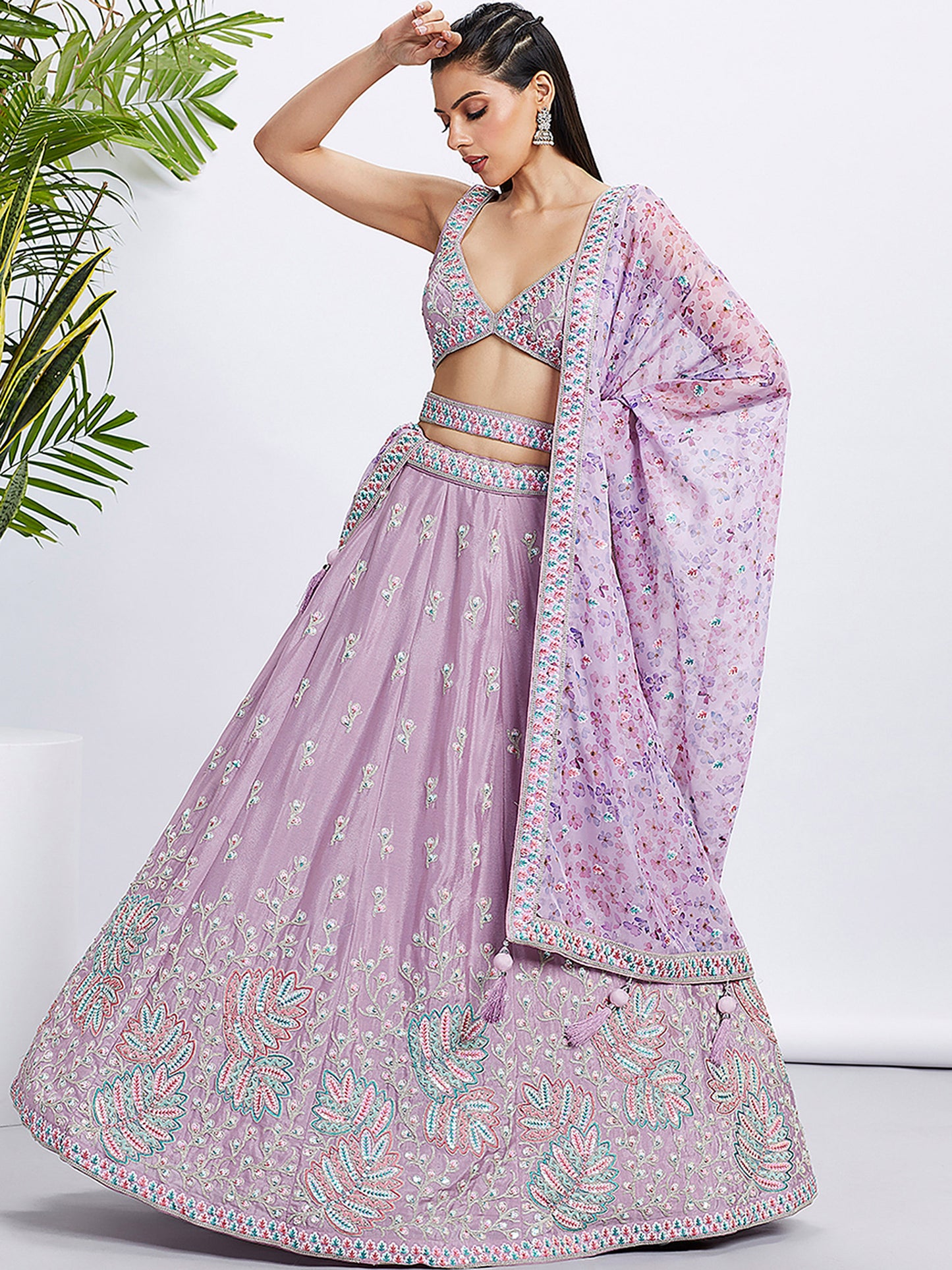 Lavender Pure Chiffon Sequins and thread embroidery Lehenga