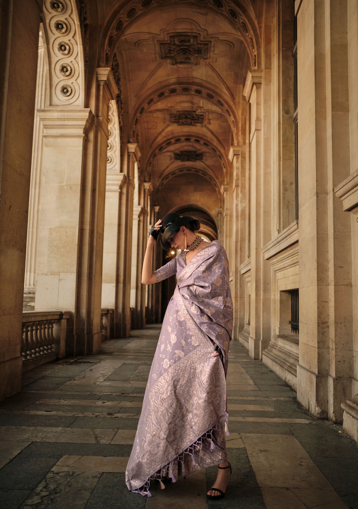 Lavender Kaasha Silk Gota Handloom Saree