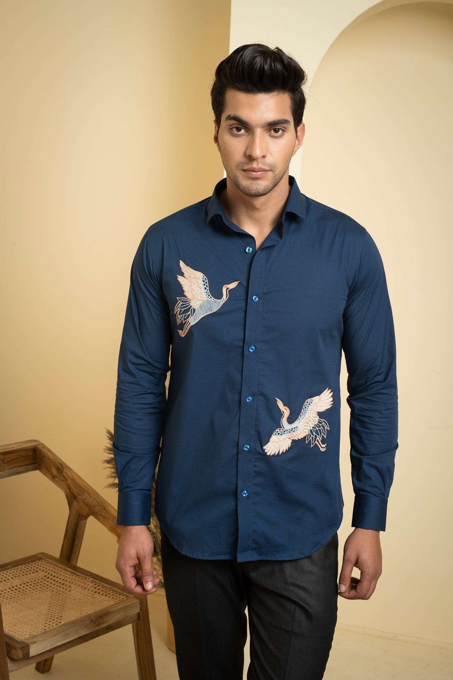 Navy Blue Poplin Lycra Cran Embroidered Festive Shirt