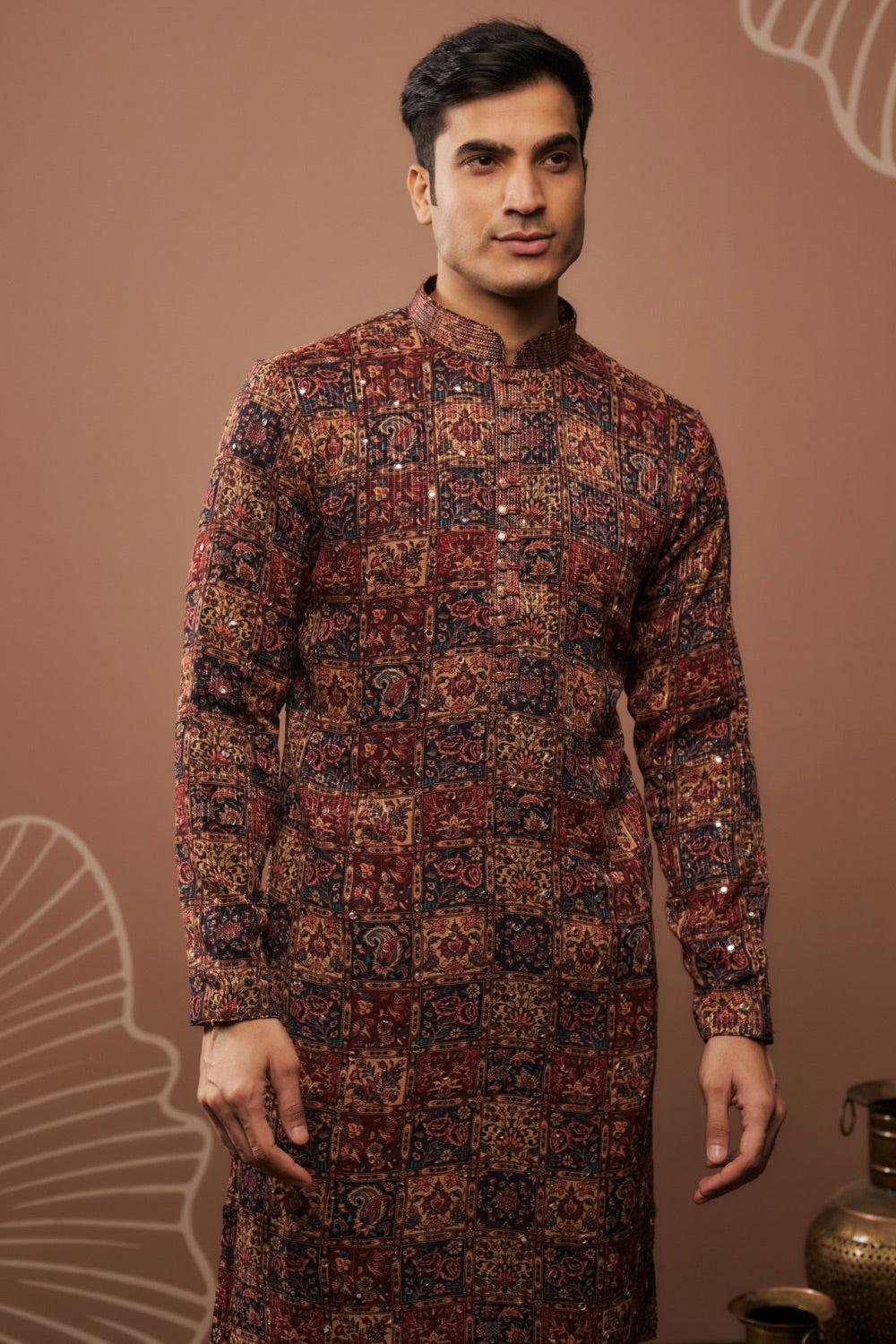 Brown silk kurta set with hand and machine work