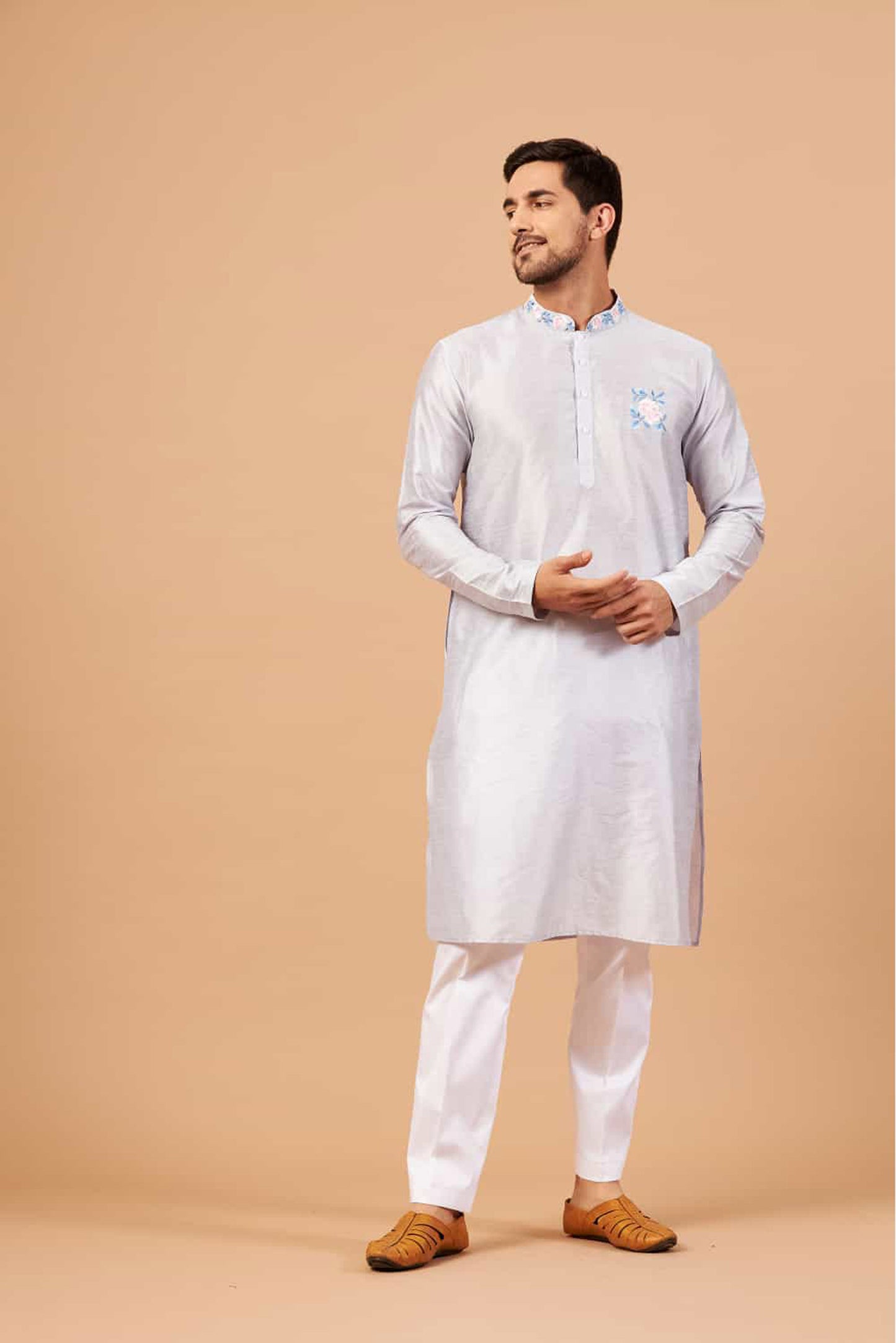 Cadet Grey Semi Raw Silk Thread Embroidered ( only Kurta )
