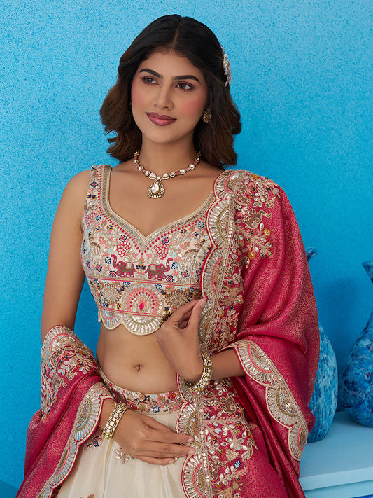 Cream Tissue Gota & Sequins Embroidered Lehenga with Rani Pink Dupatta for Bridesmaid