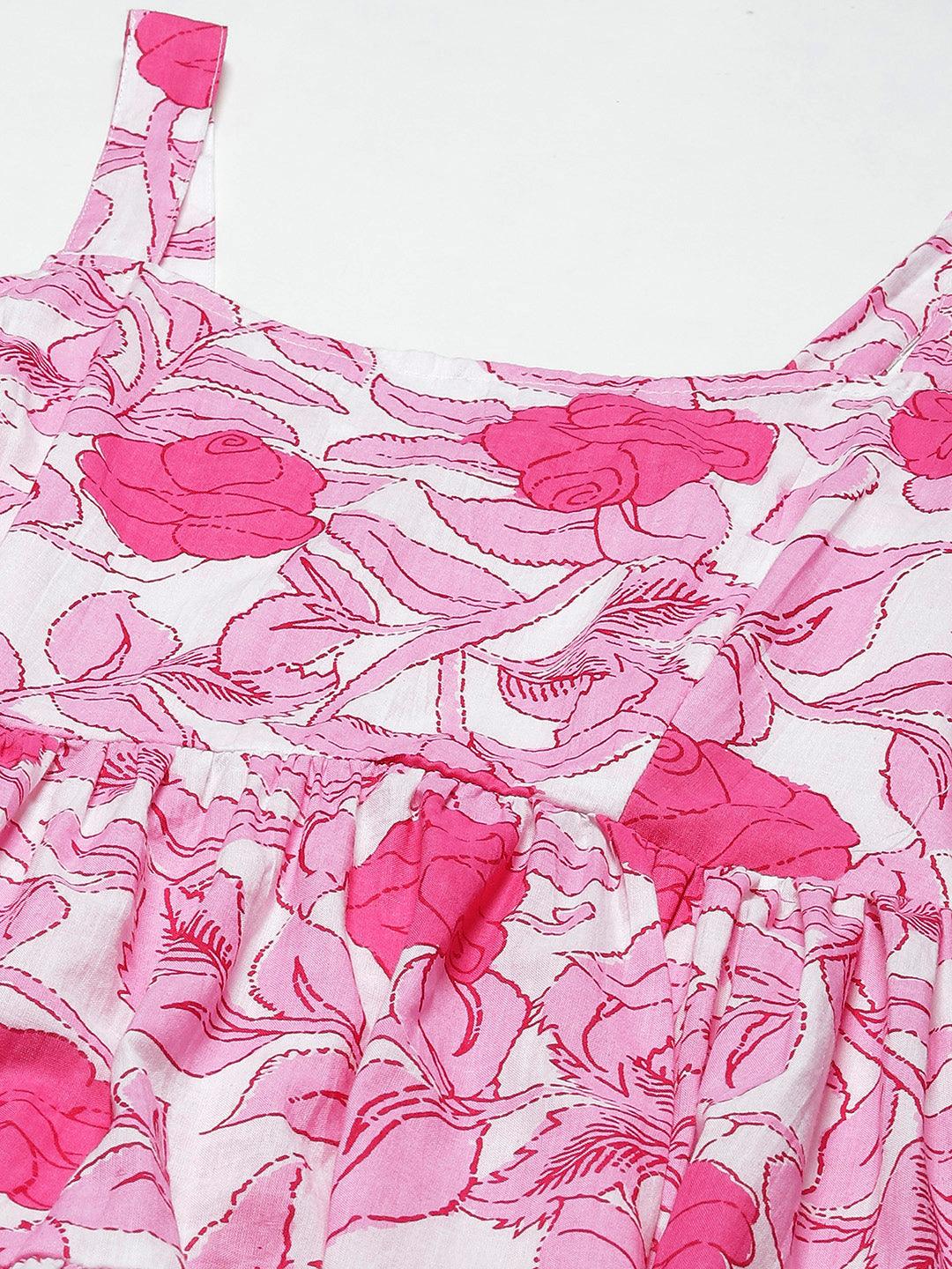 white & Pink Floral Shoulder Strip Long Dress  