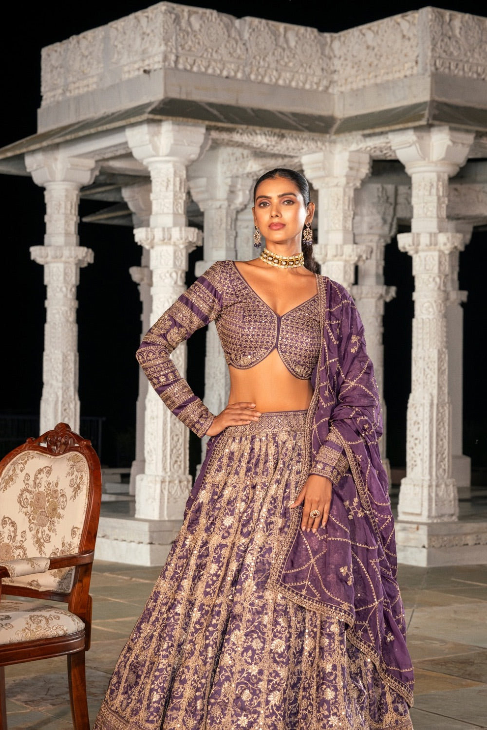 Purple banarasi silk lehenga choli with marodi work