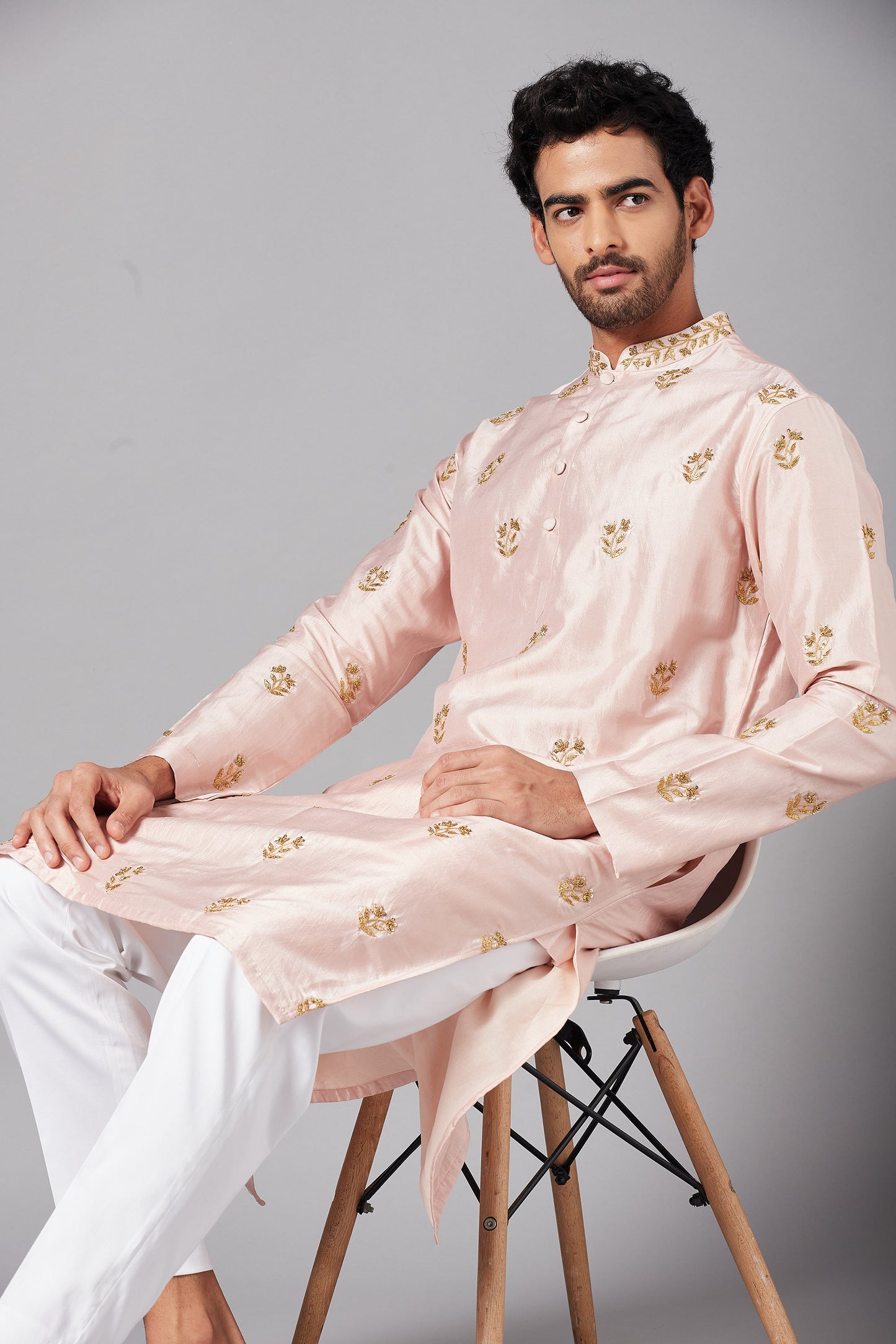 Peach Dupion Silk Hand Embroidered Casual ( only Kurta )