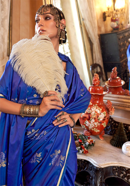 Royal Blue Kanthkala Satin Silk Handloom Saree