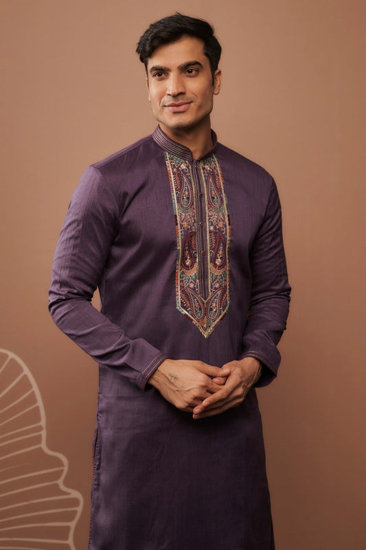 Purple silk kurta set with hand and machine work