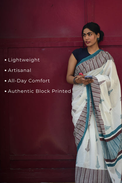 Gossip Girlfriend - Mulmul Cotton Block Printed White Saree