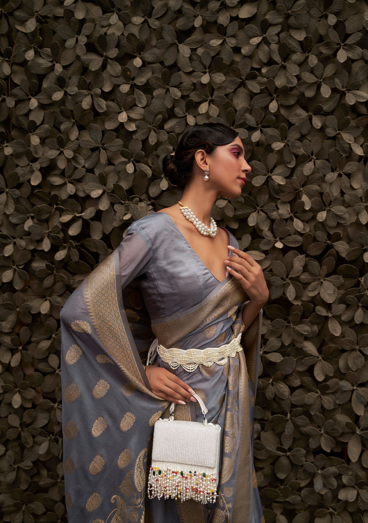 Grey Kosmos Silk Nylon Chinnon Two tone saree