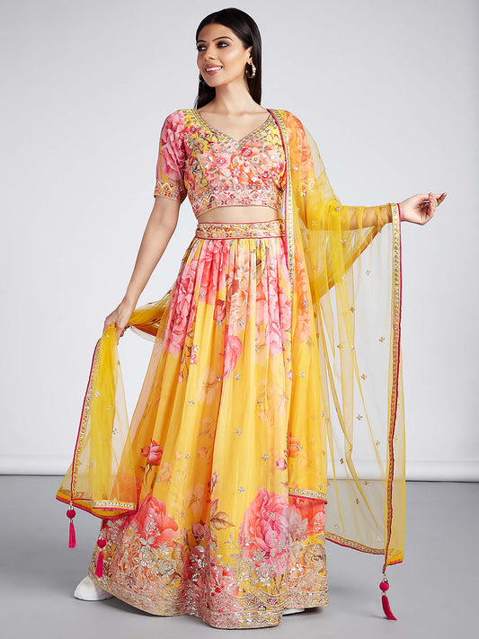 Yellow colour Organza Floral design digital print Lehenga choli