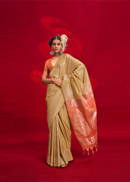 Beige Kontessa Tussar Silk Handloom Saree with ikkat Pallu